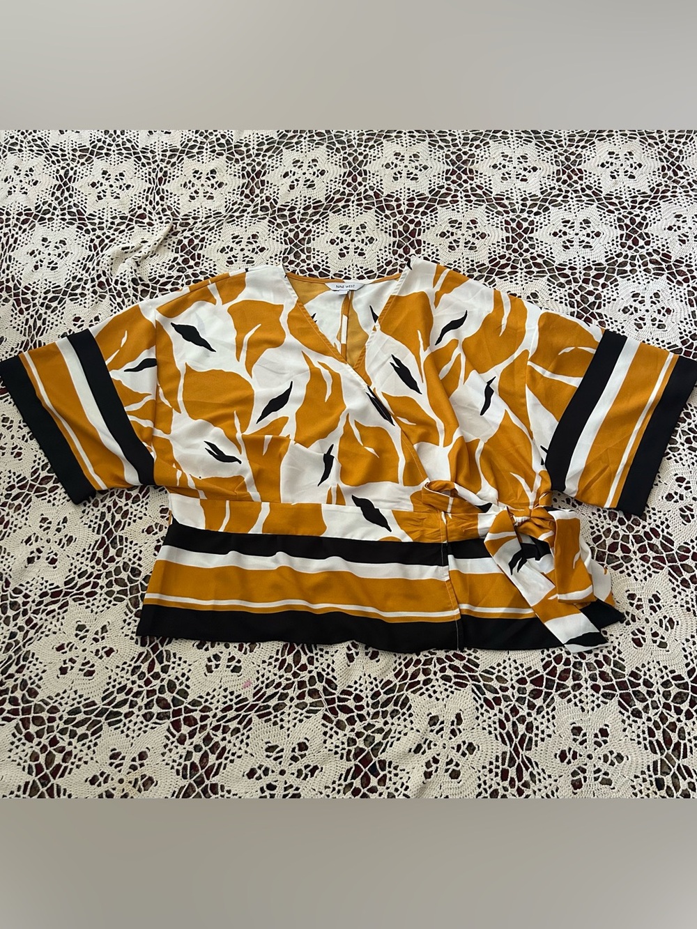 Nine West Mustard, Black and White Wrap Blouse with Side Tie